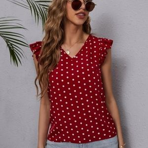 POLKA DOT RUFFLE TRIM V NECK BLOUSE